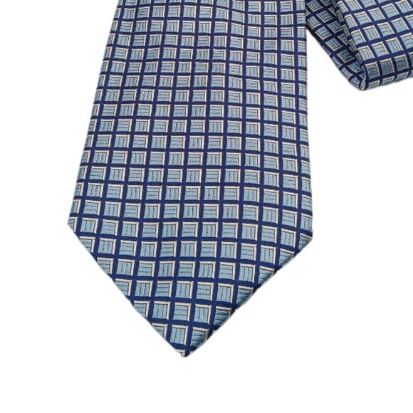 Nautica Silk Tie Men’s 59.5” Blue Yellow Geometric Square 90s Coastal Wide New - Picture 1 of 3